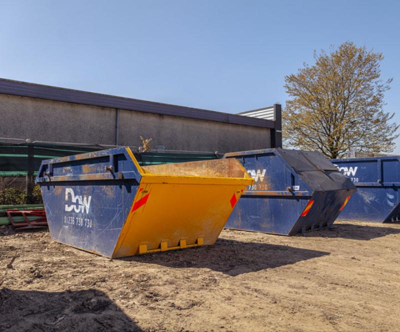 Dow skips lined up in the Cumbernauld yard